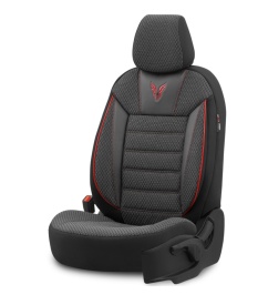 Set huse auto scaune universale Otom Luxury, Toro Sport Design, material textil cu piele ecologica, culoare negru cu cusaturi rosii - Img 6