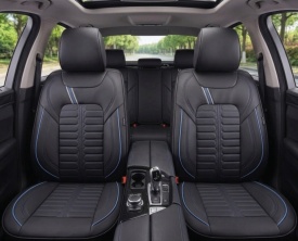 Set huse piele ecologica pentru scaune, negru cu cusatura albastra, compatibil cu Dacia Sandero I 2008-2012, fata-spate, Milano Design