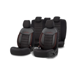 Set huse scaune auto compatibil Renault Clio IV 2012-2019, fata-spate,Otom Luxury, Comfort Line material textil cu piele ecologica, culoare negru cu cusaturi rosii