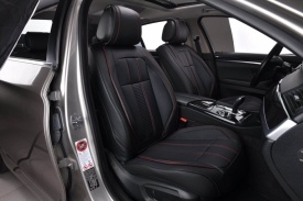 Set huse scaune auto compatibil Renault Laguna II 2001-2008, fata-spate, piele ecologica neagra si cusaturi rosii - Img 3