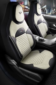 Set huse scaune auto compatibil Renault Laguna II 2001-2008, fata-spate, piele ecologica cu textil, cu tetiera integrata, negru cu alb fildes - Img 2