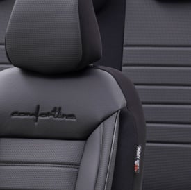 Set huse scaune auto compatibil SsangYong Korando 2012-2019, scaune standard, fata-spate, Otom Luxury, Comfort Line material textil cu piele ecologica, culoare negru cu cusaturi negre - Img 3