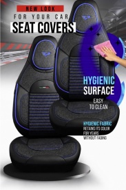 Set huse scaune auto compatibil VW Golf Plus 2005-2013, fata-spate, piele ecologica cu textil, cu tetiera integrata, negru cu dunga albastra - Img 4