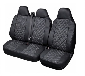Set huse scaune auto universale 3 locuri fata cu tetiera integrata, material piele ecologica, culoare neagra, pentru dube si microbuze