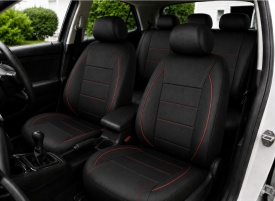Set huse scaune auto universale de lux, fata-spate, piele ecologica, culoare negru cu dungi si cusaturi rosii - Img 2