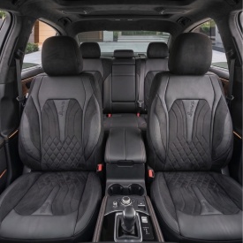 Set huse scaune auto universale seria SIDNEY, material textil negru si piele ecologica neagra, fata-spate, compatibil airbag