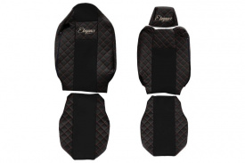 Set huse scaune camion compatibil cu RENAULT T 2014->, Negru cusaturi rosii, piele ecologica cu velur, tetiere diferite - Img 1