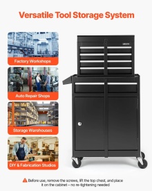 Carucior pentru scule, organizator dulap scule cu 5 sertare, cutie scula metalica detasabila in partea superioara, bara blocare, raft scule atelier garaj - Img 6
