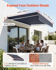 Copertina retractabila manuala, 240x210 cm, pentru terasa exterioara, parasolar retractabil, adapost pentru usa si fereastra din poliester rezistent la apa, cu maner manivela pentru curte, balcon, culoare gri - Img 8