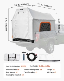 Cort gonflabil pentru camioneta, cort pentru camioneta cu platforma de 2,2 x 1,65 m, 3 sezoane, cu ferestre ventilate din plasa, corturi de camping impermeabile din PU2000 mm pentru drumetii in aer liber - pompa de aer inclusa - Img 7