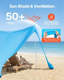 Cort plaja, adapost soare plaja, UPF 50+, inaltime 2m, 3.4 m x 3.4 m, copertina de plaja ușor de ridicat cu saci de nisip, stalpi de stabilitate, lopeți de nisip - Img 3