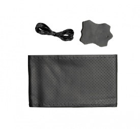 Husa volan din piele naturala cu ac si ata de culoare neagra si cusatura neagra diametru 42 cm