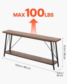 Masa consola ingusta pentru canapea, 180 cm, masa lunga si subtire de intrare cu 2 niveluri pentru hol, pentru canapea cu cadru metalic, hol, living si dormitor - Img 2