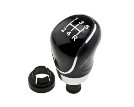 Nuca schimbator de viteze compatibil cu Ford Focus II 2004-2012, Focus III 2010-2017, Mondeo 2007-2015, Kuga 2008-2012, B-Max 2012-2017, C-Max 2007-2010, S-Max 2006-2014 5 trepte, din piele, culoare negru cu crom