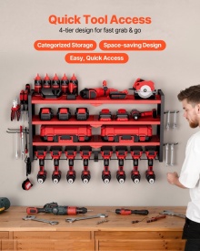 Organizator de scule electrice, suport de perete, suport de depozitare cu 4 straturi cu 8 suporturi pentru burghie, suport de depozitare scule cu placi laterale perforate, organizator de scule pentru garaj sau atelier - Img 4