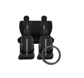 Pachet huse scaune auto, universale, fata-spate, Negru cu gri, material textil si piele ecologica plus husa volan piele ecologica negru cu gri - Img 1