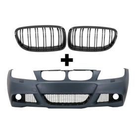 Pachet tuning Bara Fata compatibil BMW Seria 3 E90 E91 FL 2008-2011 M-Technik Design, fara proiectoare cu Grile Centrale compatibil cu BMW Seria 3 E90 E91 LCI 2008-2012 M-Design Negru Lucios