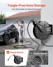 Rola pentru furtun de spalare cu presiune, 15,2 m x 9,5 mm, retractabila, din otel, pentru sarcini mari, 4000 PSI max, reincarcare automata, montare flexibila pe perete sau podea pentru spalare auto, gradina - Img 2