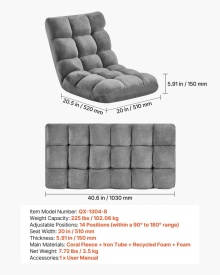 Scaun de podea, scaun de gaming pliabil cu 14 pozitii reglabile si spatar, cadru metalic robust cu spuma reciclata si suprafata din fleece coral, multifunctional pentru citit, relaxare, culoare gri - Img 7