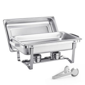 Set de bufet pentru incalzit cu capac, 8 litri, pachet de 4, din otel inoxidabil cu 4 tigai de dimensiuni normale, incalzitor catering cu capac, suport pentru tigaie de apa, suport pentru combustibil, pentru nunti, petreceri, banchete, argintiu - Img 10