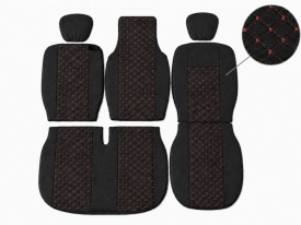Set huse auto pentru scaune compatibile Renault Master 2010-2019 2+1 locuri, material textil, negru cu cusatura rosie 6 piese - Img 4