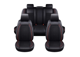 Set huse auto scaune universale de lux din piele cu textil, negru cu cusaturi rosii pentru scaunele fata si spate - Img 2