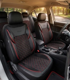 Set huse scaune auto compatibil Audi A3 8V 2012-2019, fata-spate, Piele ecologica cu velur, Negru cusatura rosie