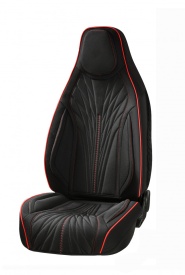 Set huse scaune auto compatibil Skoda Octavia III 2012-2020, material textil negru cu dunga rosie, cu tetiera integrata, fata-spate