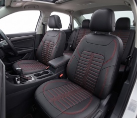 Set huse scaune auto compatibil SKODA Superb I 2002-2008, fata-spate, piele ecologica negru cu cusatura rosie - Img 4