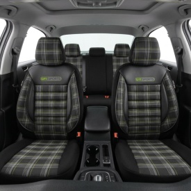 Set huse scaune auto compatibil VW Polo 2017->, fata-spate, GTI SPORTS Design, material textil cu piele ecologica, culoare negru cu cusaturi verzi