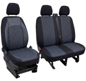 Set huse scaune auto compatibile Mercedes Sprinter 2006-2017 2+1, piele ecologica cu textil, negru cusatura albastra, Lichidare stoc!