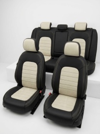 Set huse scaune auto, dedicate Audi A6 C6 2004-2011, piele ecologica cu textil, negru cu crem, Lichidare stoc!