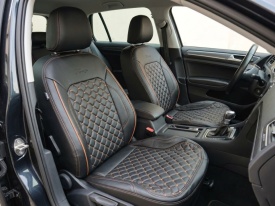 Set huse scaune auto, dedicate VW Golf 7 VII 2013-2020, piele ecologica neagra si cusatura maro in romb, Lichidare stoc! - Img 9