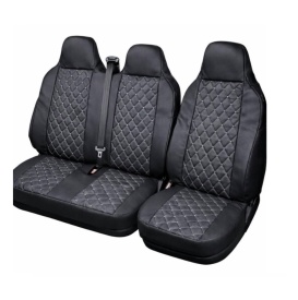 Set huse scaune auto universale 3 locuri fata cu tetiera integrata, material piele ecologica, culoare neagra, pentru dube si microbuze