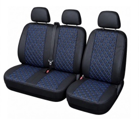 Set huse scaune auto universale 3 locuri fata cu tetiera integrata, material piele ecologica, culoare neagra cu cusatura albastra, pentru dube si microbuze