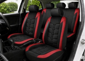 Set huse scaune auto universale de lux, fata-spate, piele ecologica, culoare negru cu rosu - Img 2