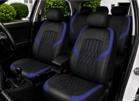 Set huse scaune auto universale de lux, fata-spate, piele ecologica, culoare negru cu albastru - Img 2
