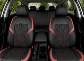 Set huse scaune auto universale de lux, fata-spate, piele ecologica, model romb, culoare negru rosu cu cusatura rosie