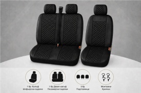 Set huse scaune auto, universale, fata 2+1, material piele ecologica, culoare negru cu cusaturi negre, model romb - Img 4