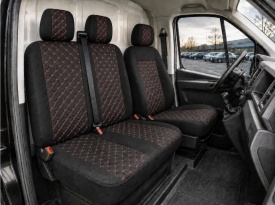 Set huse scaune auto, universale, fata 2+1, material textil, culoare negru cu cusaturi rosii, model romb