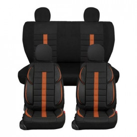 Set huse scaune auto, universale, fata-spate, negru cu dunga maro, textil si piele ecologica