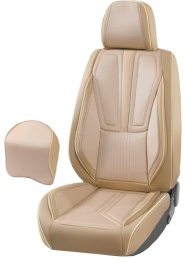 Set huse scaune auto universale, piele ecologica culoare crem cu material textil crem, fata-spate - Img 2