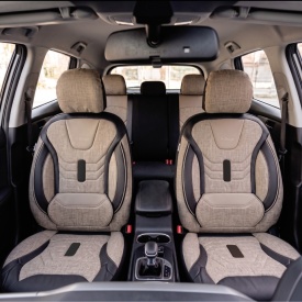 Set huse scaune auto universale seria KETEN, material textil bej si piele ecologica neagra, fata-spate, compatibil airbag