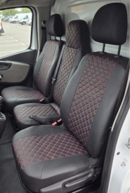 Set huse scaune autoutilitara 2+1 pentru fata culoare negru cu rosu, piele ecologica dedicate Renault Trafic 2014-2019