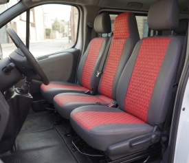 Set huse scaune autoutilitara 2+1 pentru fata culoare negru cu rosu, piele ecologica compatibil cu Opel Vivaro 2014-2019 VAN - Img 1