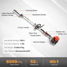 Unelte de tuns multifuncționale 6 in 1, trimmer de gard viu pe benzina, masina de taiat buruieni, trimmer cu fir, fierastrau cu lant, foarfeca cu drujba si tija extensibila - Img 7