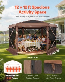 Cort de gradina, camping, evenimente, 6 laturi, 3,6 x 3,6 m, capac detasabil si geanta de transport, montare rapida, adapost solar pentru 8-10 persoane, curte, terasa, culoare maro - Img 3