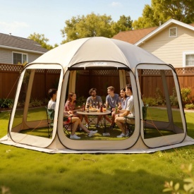 Cort evenimente gradina, 4500 x 4250 x 2450 mm, cort pliabil pentru 12-15 persoane, acoperit portabil cu baldachin, geanta de transport, plasa laterala, tarusi de sol, pentru gradina, terasa, activităti in aer liber, culoare bej - Img 8