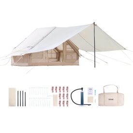 Cort gonflabil pentru camping, Glamping 300D Oxford, usor de instalat pentru 3-5 persoane cu pompa manuala, cort pentru 4 sezoane cu baldachin, 2 usi si 2 ferestre din plasa - Img 10