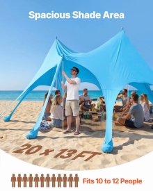 Cort plaja, adapost soare plaja, UPF 50+, inaltime 2,8 m, 6,1 m x 4 m, copertina de plaja ușor de ridicat cu saci de nisip, stalpi de stabilitate, lopeți de nisip - Img 4